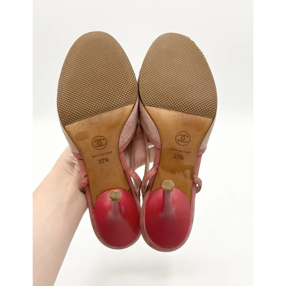 Chanel Pink Suede Slingback Heels Vintage Cap Toe Y2K Size EU 37.5